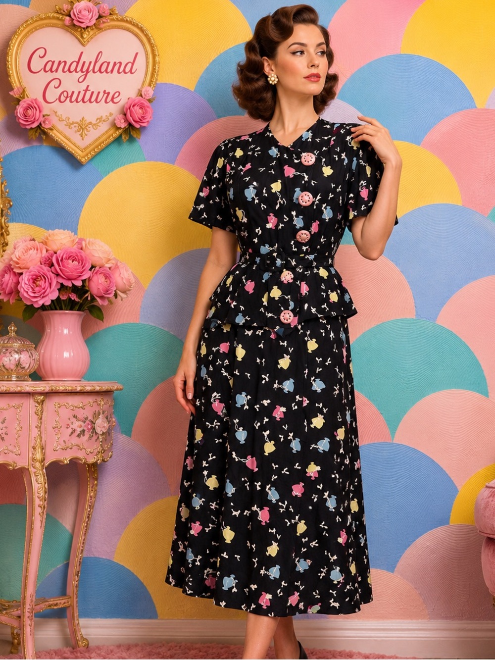 Vintage Boulevard Black Floral Belted Peplum Midi Dress Black with Pastel Floral